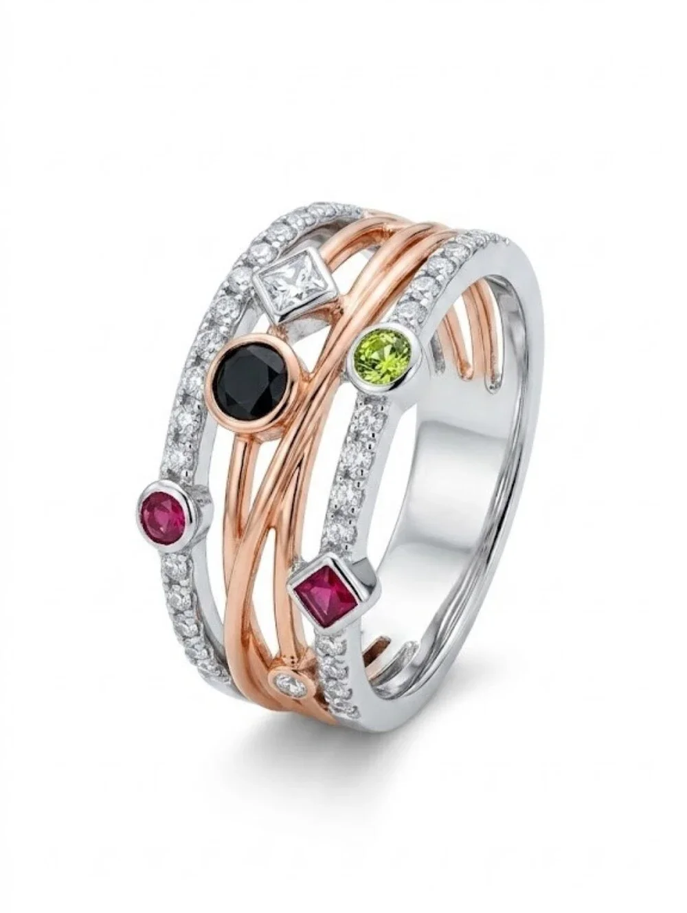 Multi-Color Stone Crossover Ring Size 9 Two-Tone Rose Gold Silver CZ Statement B